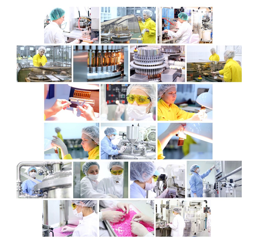 A collage of workers at a pharmaceutical factory